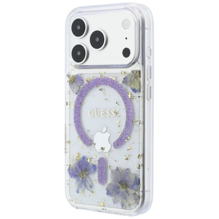 Etui Guess Resin Flowers Glitter MagSafe do Apple iPhone 18 Pro Max / 17 Pro Max fioletowy