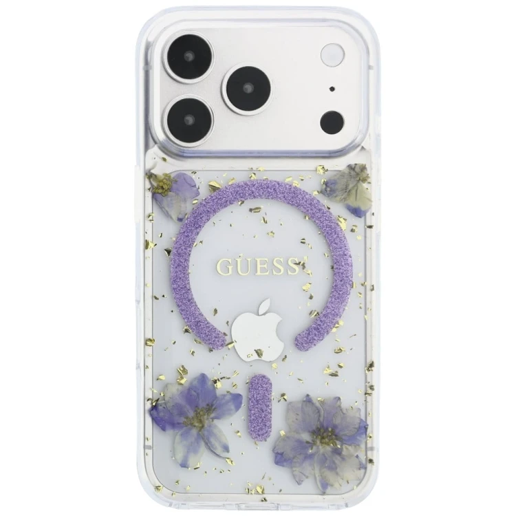 Etui Guess Resin Flowers Glitter MagSafe do Apple iPhone 18 Pro Max / 17 Pro Max fioletowy