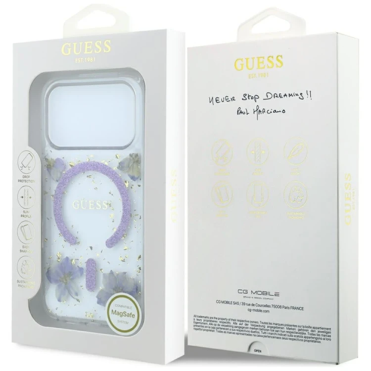 Etui Guess Resin Flowers Glitter MagSafe do Apple iPhone 18 Pro Max / 17 Pro Max fioletowy
