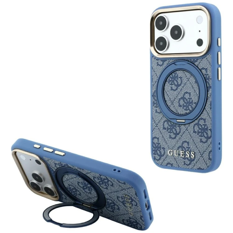 Etui Guess Ring Stand 360 4G Classic Logo MagSafe do Apple iPhone 18 Pro Max / 17 Pro Max niebieski