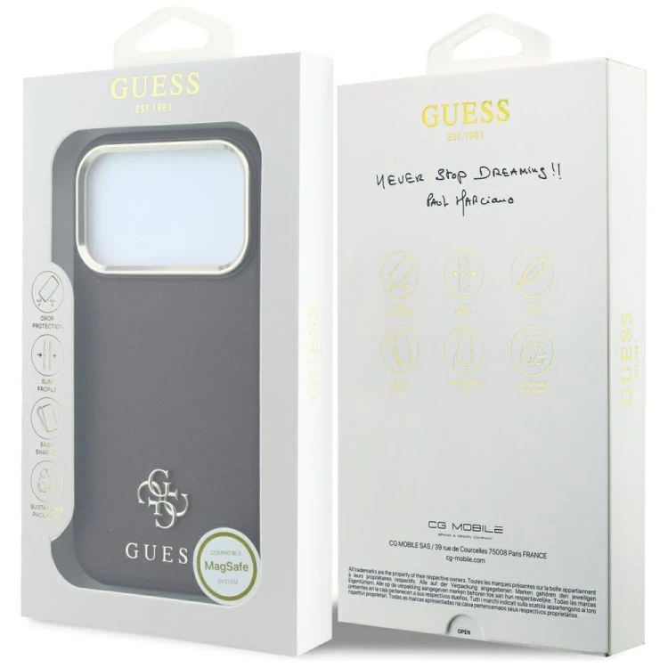 Etui Guess Saffiano Small 4G & Classic Logo MagSafe do Apple iPhone 18 Pro Max / 17 Pro Max burgundo