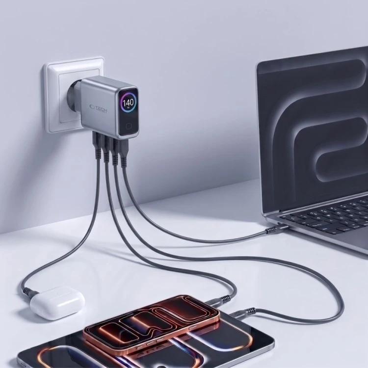 Ładowarka sieciowa Tech-Protect PowerVision NC140W-GaN USB-A, 3xUSB-C Network Charger PD 140W / QC3.
