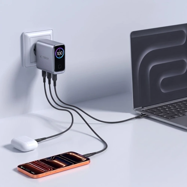 Ładowarka sieciowa Tech-Protect PowerVision NC100W-GaN USB-A, 2xUSB-C Network Charger PD 100W / QC3.