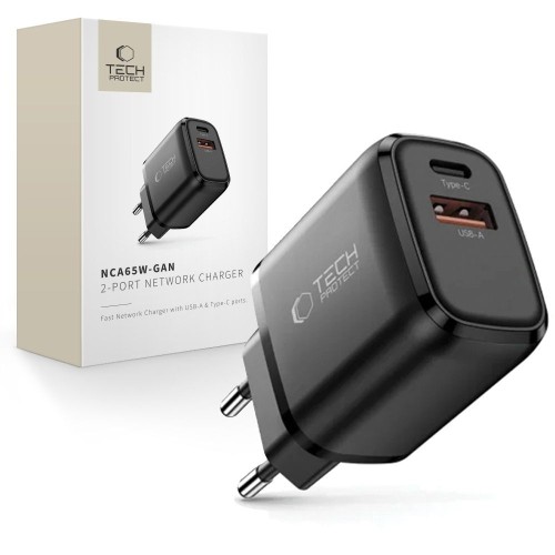 Ładowarka sieciowa Tech-Protect NCA65W-GAN USB-A, USB-C Network Charger PD 65W / QC3.0 Black