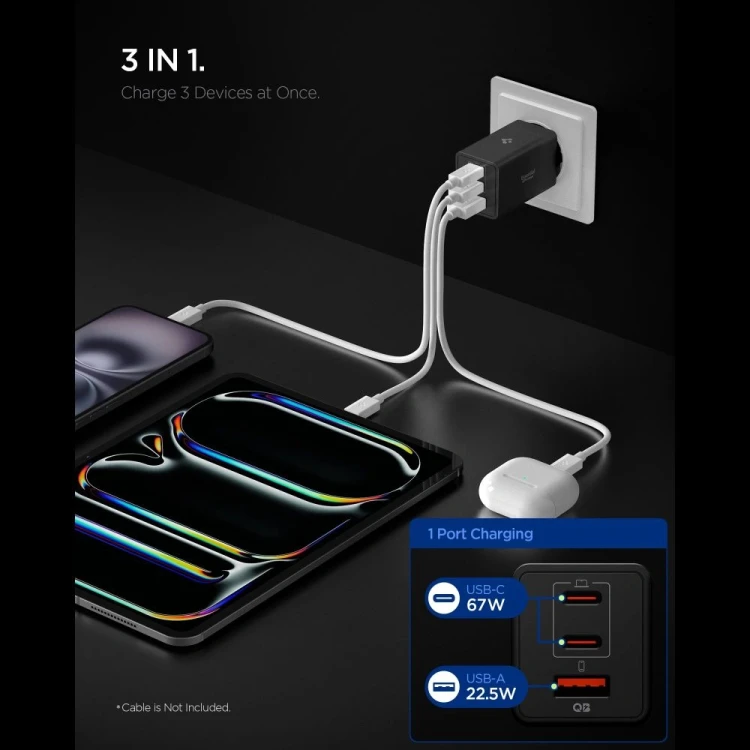 Ładowarka sieciowa Spigen Essential EE673EU USB-A, 2xUSB-C Network Charger 67W Black