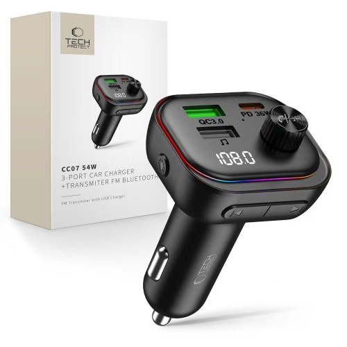Ładowarka samochodowa Tech-Protect CC07 3-port Car Charger PD 54W + Transmiter FM Bluetooth Black
