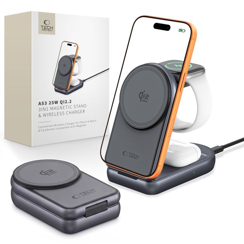 Ładowarka bezprzewodowa Tech-Protect A53 3in1 Magnetic MagSafe Wireless Charger 25W Qi2.2 Dark Grey