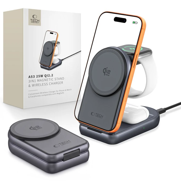Ładowarka bezprzewodowa Tech-Protect A53 3in1 Magnetic MagSafe Wireless Charger 25W Qi2.2 Dark Grey