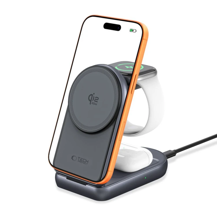 Ładowarka bezprzewodowa Tech-Protect A53 3in1 Magnetic MagSafe Wireless Charger 25W Qi2.2 Dark Grey