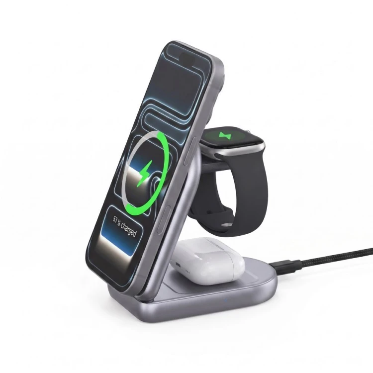 Ładowarka bezprzewodowa Tech-Protect A53 3in1 Magnetic MagSafe Wireless Charger 25W Qi2.2 Dark Grey