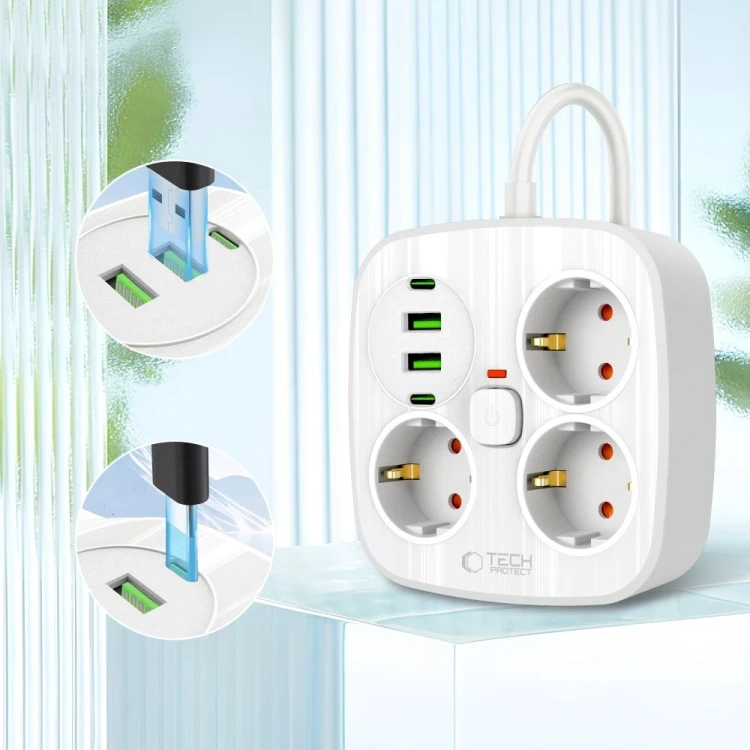 Listwa zasilająca Tech-Protect PCS3X4 Power Strip 2xUSB-A, 2xUSB-C, 3xSocket AC 200cm White