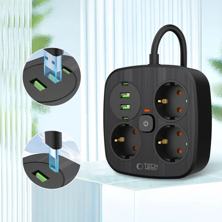 Listwa zasilająca Tech-Protect PCS3X4 Power Strip 2xUSB-A, 2xUSB-C, 3xSocket AC 200cm Black