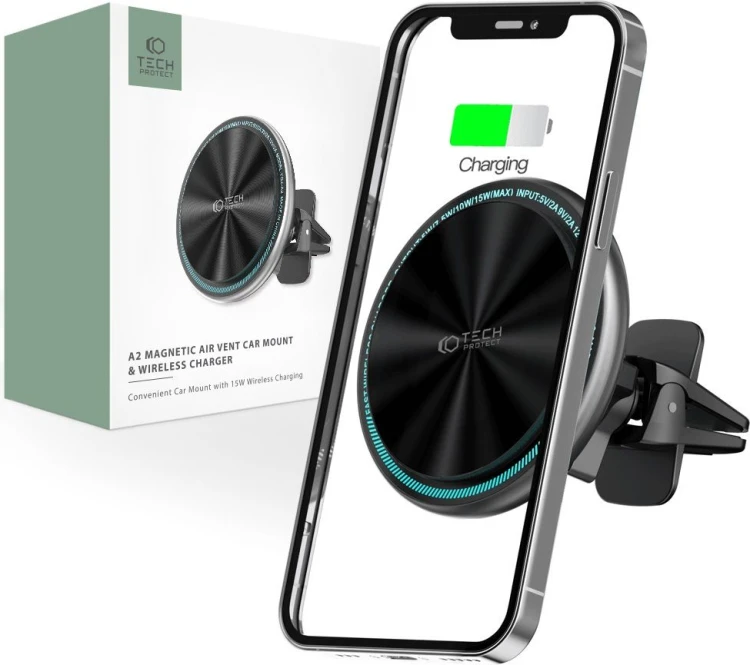 Uchwyt samochodowy Tech-Protect A2 Magnetic MagSafe Vent Car Mount Wireless Charger 15W Black