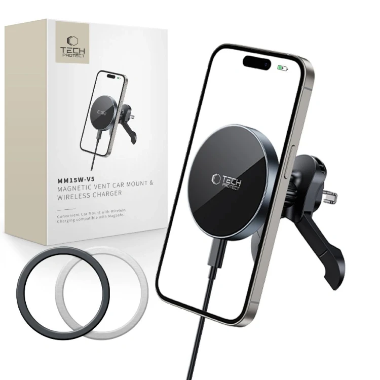 Uchwyt samochodowy do kratki z ładowarką 15W + 2x blaszki magnetyczne Tech-Protect MM15W-V5 Magnetic