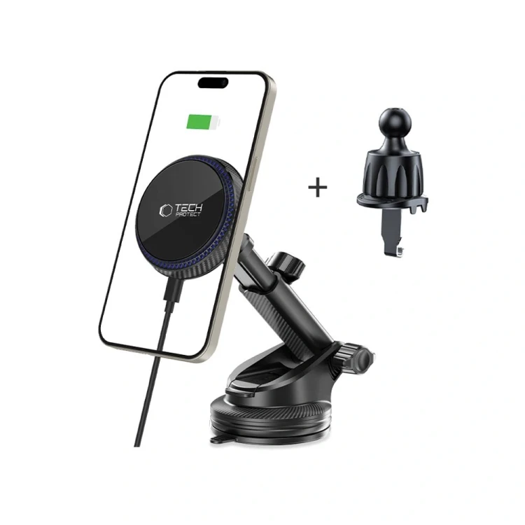 Uchwyt samochodowy na kokpit / szybę / do kratki z ładowarką 15W + 2x blaszki magnetyczne Tech-Prote