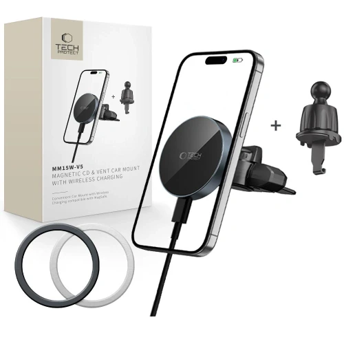 Uchwyt samochodowy do kratki / do gniazda CD z ładowarką 15W + 2x blaszki magnetyczne Tech-Protect M