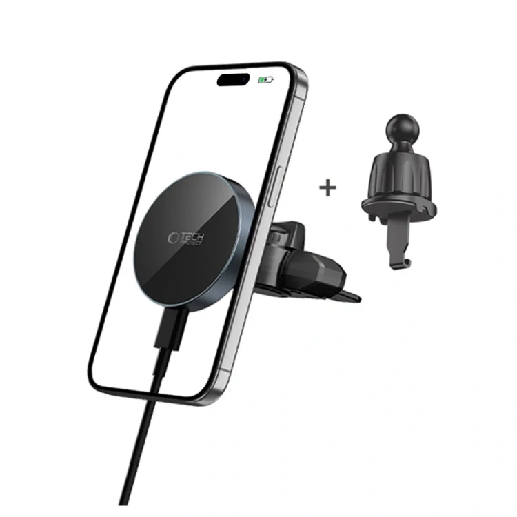 Uchwyt samochodowy do kratki / do gniazda CD z ładowarką 15W + 2x blaszki magnetyczne Tech-Protect M