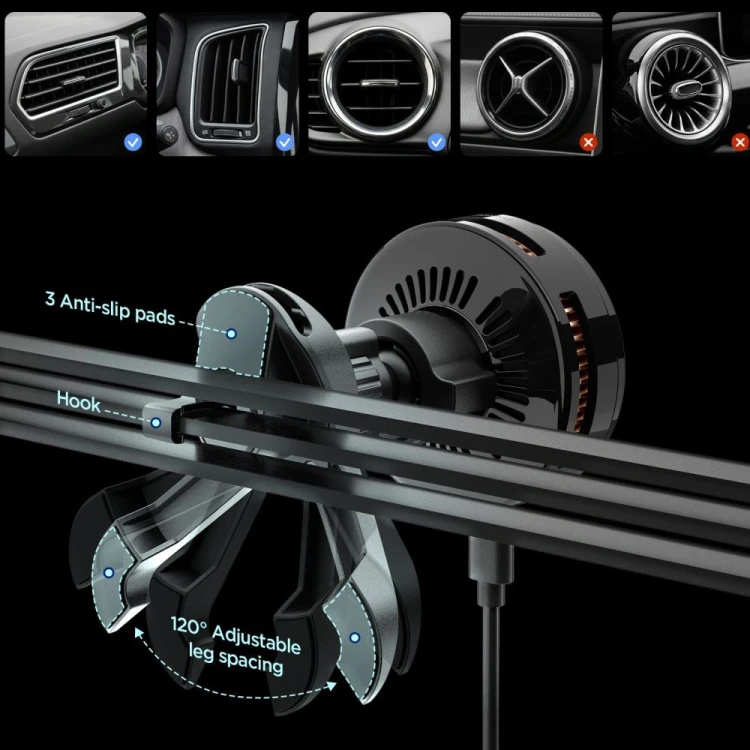 Uchwyt samochodowy do kratki z ładowarką indukcyjną Spigen Essential EV25MFAQ Qi2.2 Peltier Magnetic