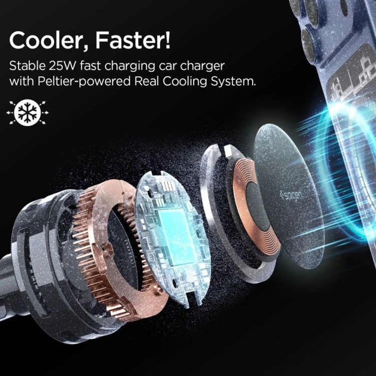 Uchwyt samochodowy do kratki z ładowarką indukcyjną Spigen Essential EV25MFAQ Qi2.2 Peltier Magnetic