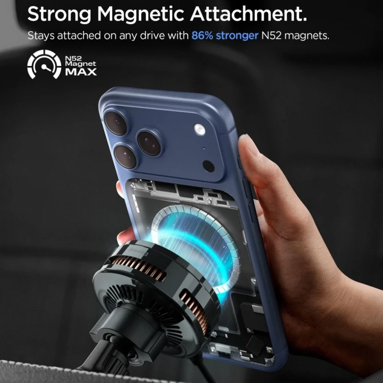 Uchwyt samochodowy do kratki z ładowarką indukcyjną Spigen Essential EV25MFAQ Qi2.2 Peltier Magnetic