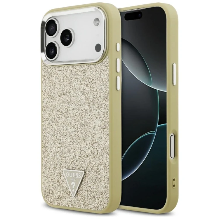 Etui Guess Glitter Triangle Logo MagSafe do Apple iPhone 17 Pro Max złoty