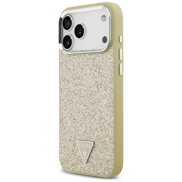 Etui Guess Glitter Triangle Logo MagSafe do Apple iPhone 17 Pro Max złoty