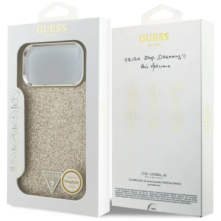 Etui Guess Glitter Triangle Logo MagSafe do Apple iPhone 17 Pro Max złoty