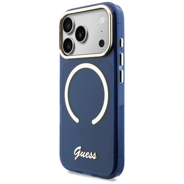 Etui Guess IML Script Metal MagSafe do Apple iPhone 17 Pro niebieski