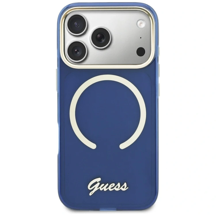 Etui Guess IML Script Metal MagSafe do Apple iPhone 17 Pro niebieski