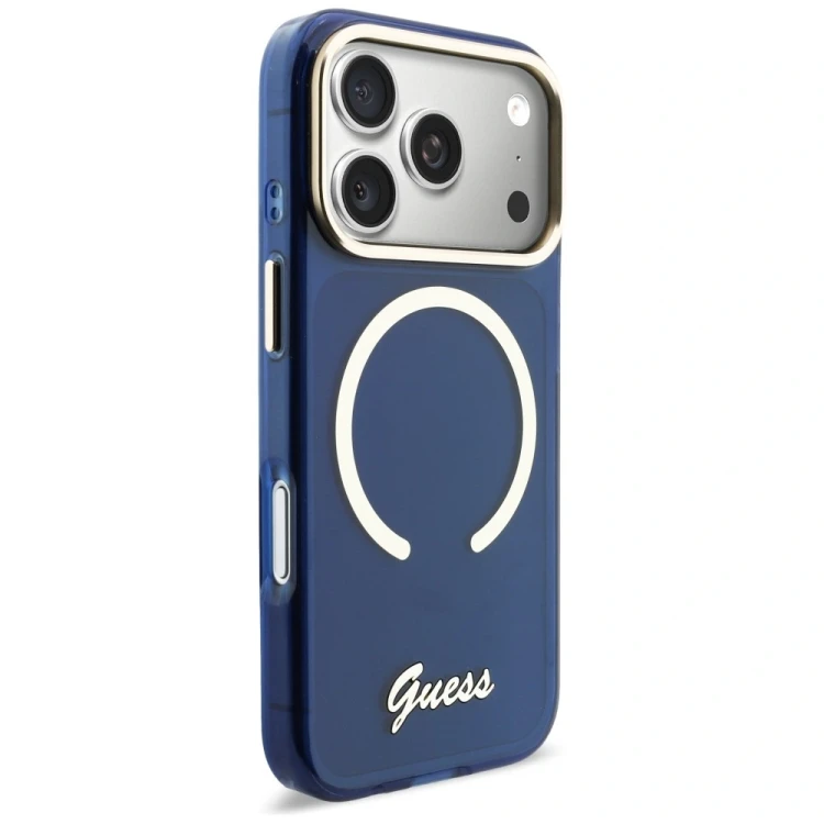 Etui Guess IML Script Metal MagSafe do Apple iPhone 17 Pro niebieski