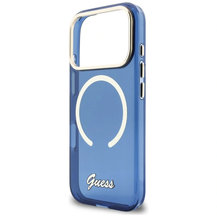 Etui Guess IML Script Metal MagSafe do Apple iPhone 17 Pro niebieski
