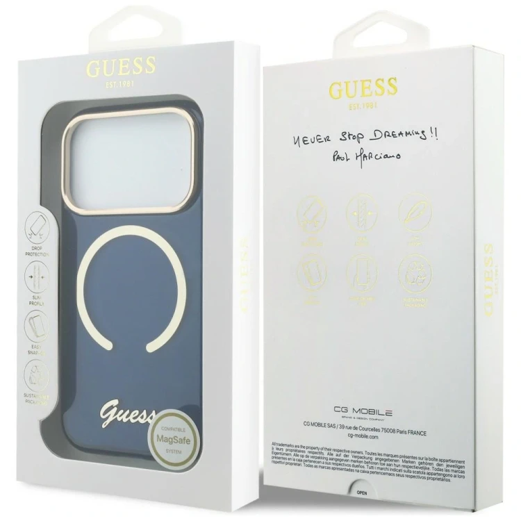 Etui Guess IML Script Metal MagSafe do Apple iPhone 17 Pro niebieski