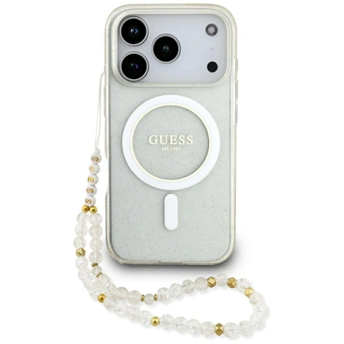 Etui Guess IML Glitter Pearl Strap MagSafe do Apple iPhone 17 Pro przezroczysty