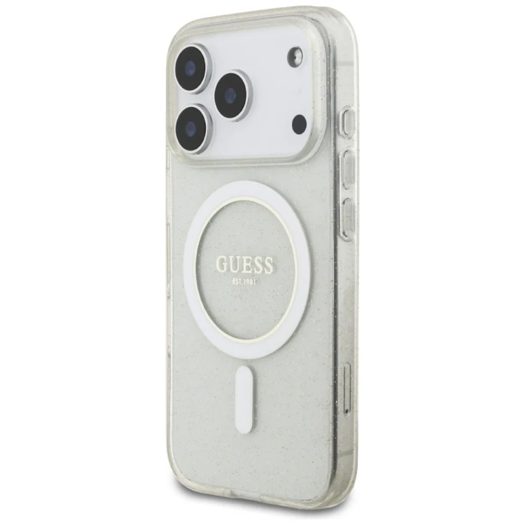Etui Guess IML Glitter Pearl Strap MagSafe do Apple iPhone 17 Pro przezroczysty