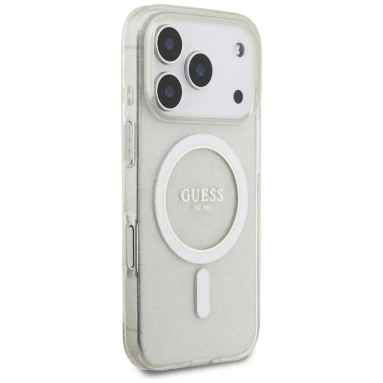 Etui Guess IML Glitter Pearl Strap MagSafe do Apple iPhone 17 Pro przezroczysty