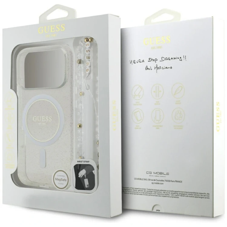 Etui Guess IML Glitter Pearl Strap MagSafe do Apple iPhone 17 Pro przezroczysty