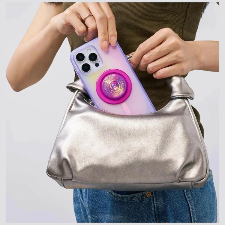 Uchwyt i podstawka do telefonu PopSockets Round Ripple Iridescent Aviation Opalescent MagSafe różowy