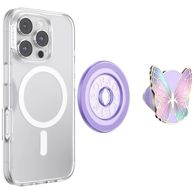 Uchwyt do telefonu PopSockets Enamel Butterfly Prism MagSafe lawendowy