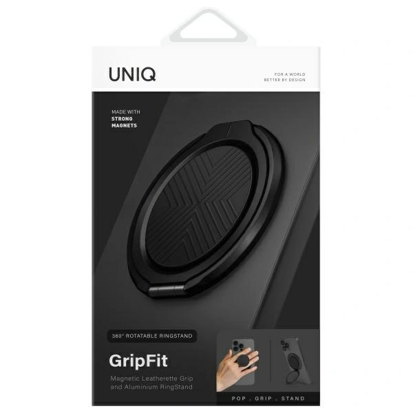 Magnetyczny uchwyt na palec z funkcją podstawki UNIQ Gripfit 360 Magnetic Mount&Kickstand czarny/mid