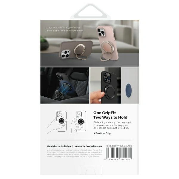 Magnetyczny uchwyt na palec z funkcją podstawki UNIQ Gripfit 360 Magnetic Mount&Kickstand czarny/mid