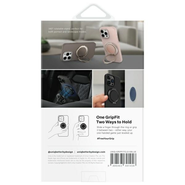 Magnetyczny uchwyt na palec z funkcją podstawki UNIQ Gripfit 360 Magnetic Mount&Kickstand niebieski/