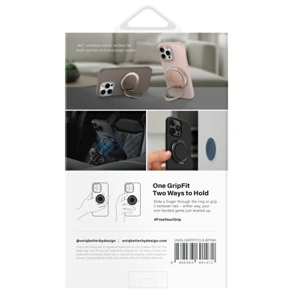 Magnetyczny uchwyt na palec z funkcją podstawki UNIQ Gripfit 360 Magnetic Mount&Kickstand różowy/blu