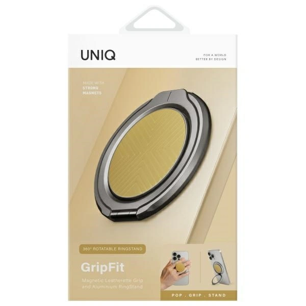 Magnetyczny uchwyt na palec z funkcją podstawki UNIQ Gripfit 360 Magnetic Mount&Kickstand żółty/cana