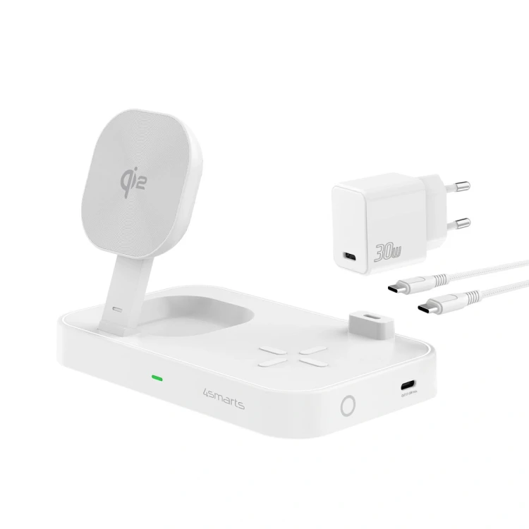 Ładowarka bezprzewodowa 4smarts QI2 Trident 2w1 USB-C z ładowarką sieciową 30W biała/white
