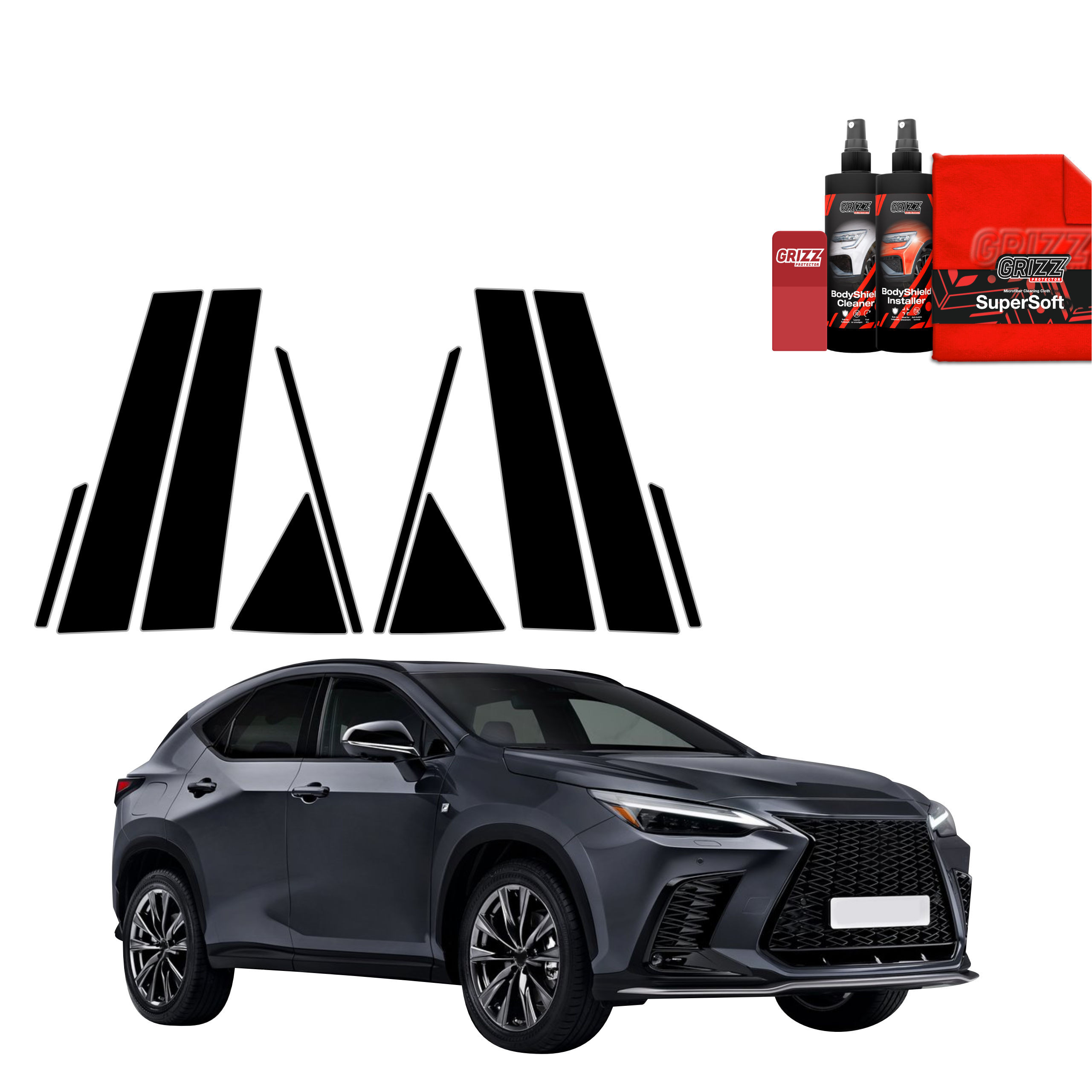 Czarna folia na słupki GrizzGlass BodyShield do Lexus NX 350h (2021-2023) [10w1]