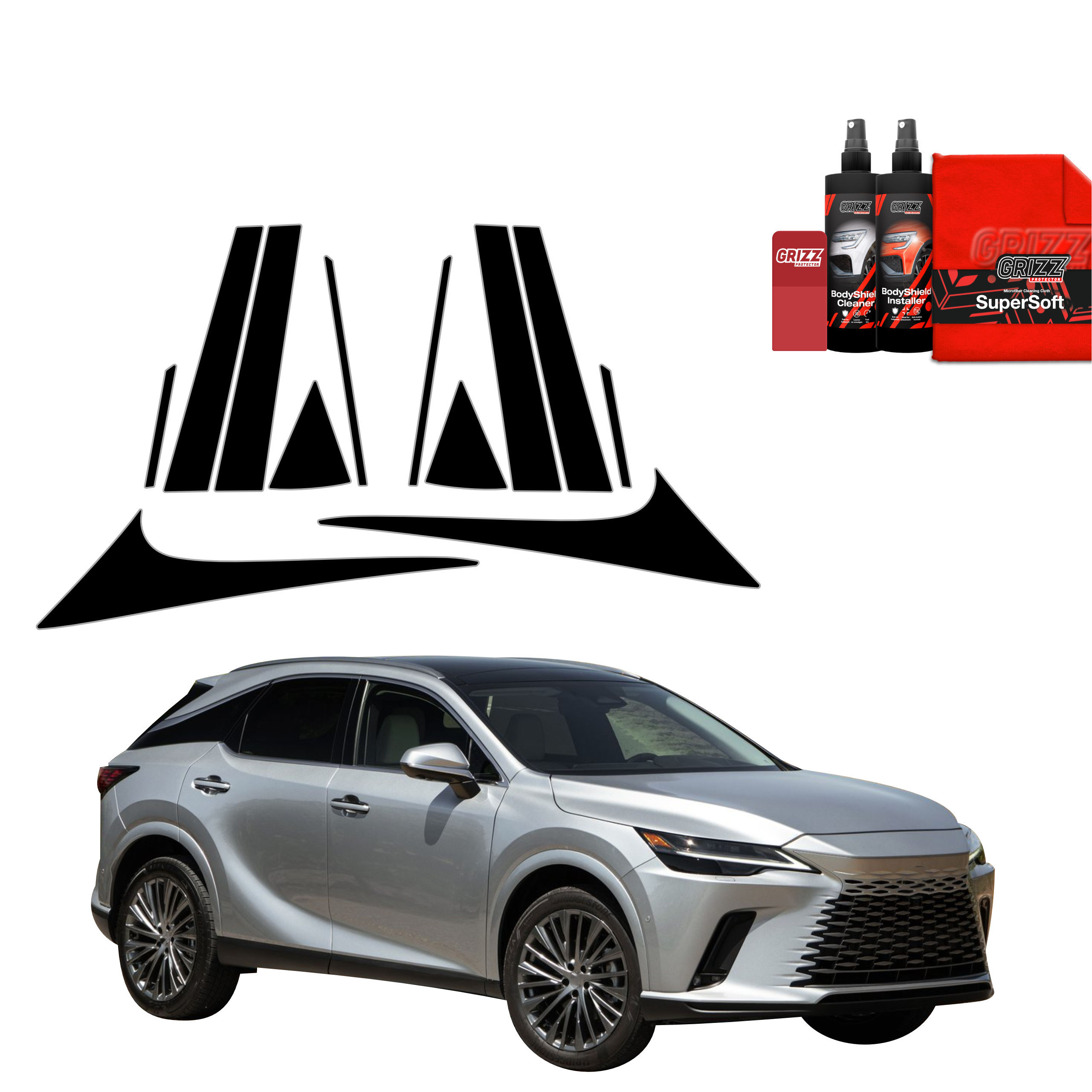 Czarna folia na słupki GrizzGlass BodyShield do Lexus RX 350h (2022-2025) [12w1]