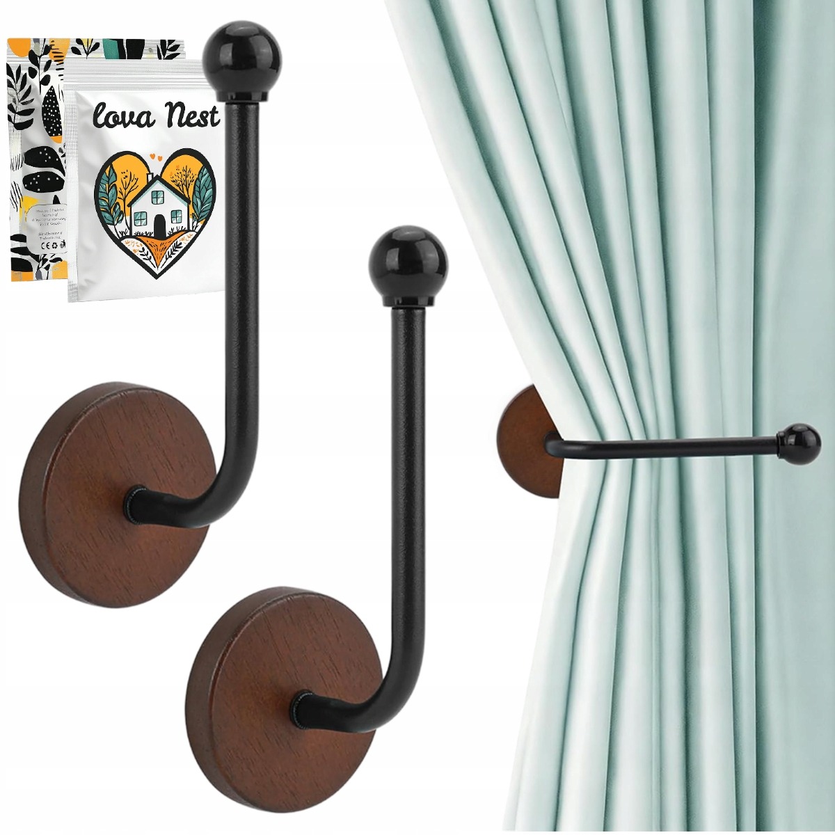  Upięcie do Zasłon i Firan - 2 szt. - Przyklejany Hak Czarny