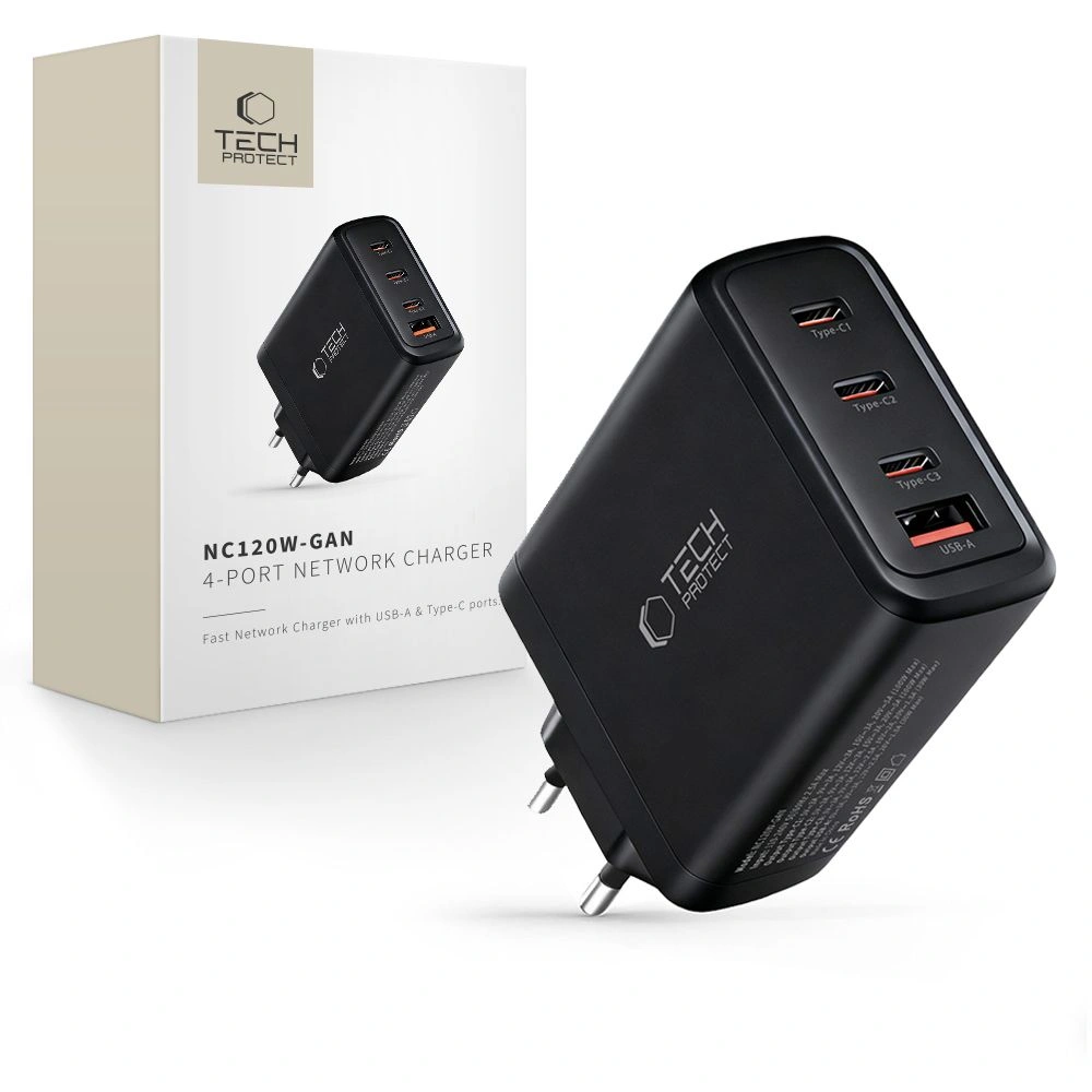 Ładowarka sieciowa Tech-Protect NC120W-GAN 4-port Network Charger PD 120W / QC3.0 Black