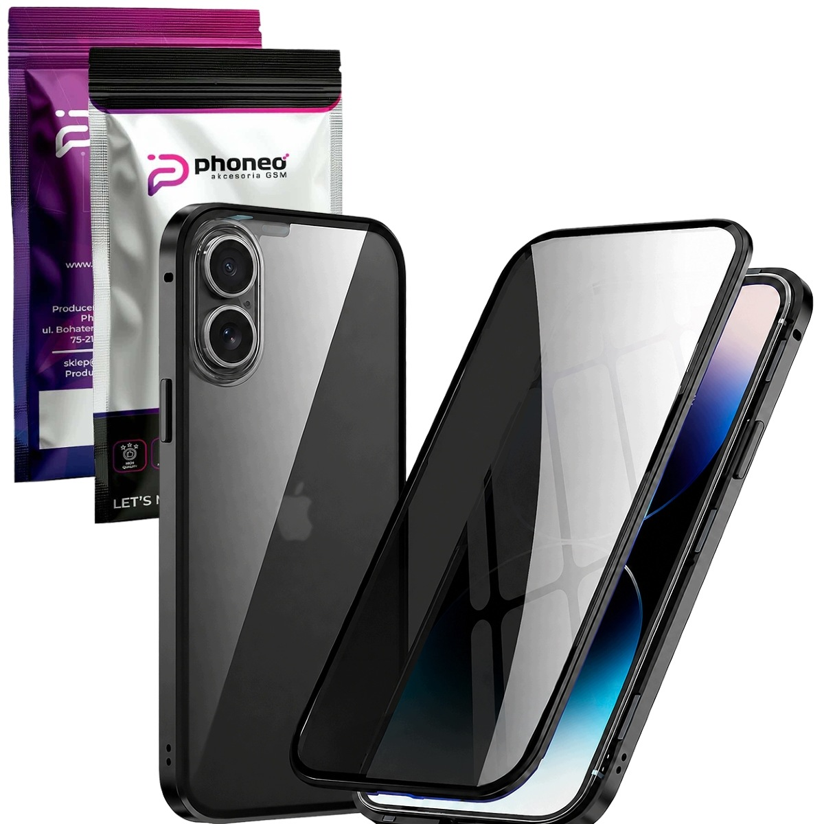 Etui Phoneo Dual Magneto - szkło prywatyzujące Anti Spy, ochrona przodu i tyłu - Apple iPhone 17