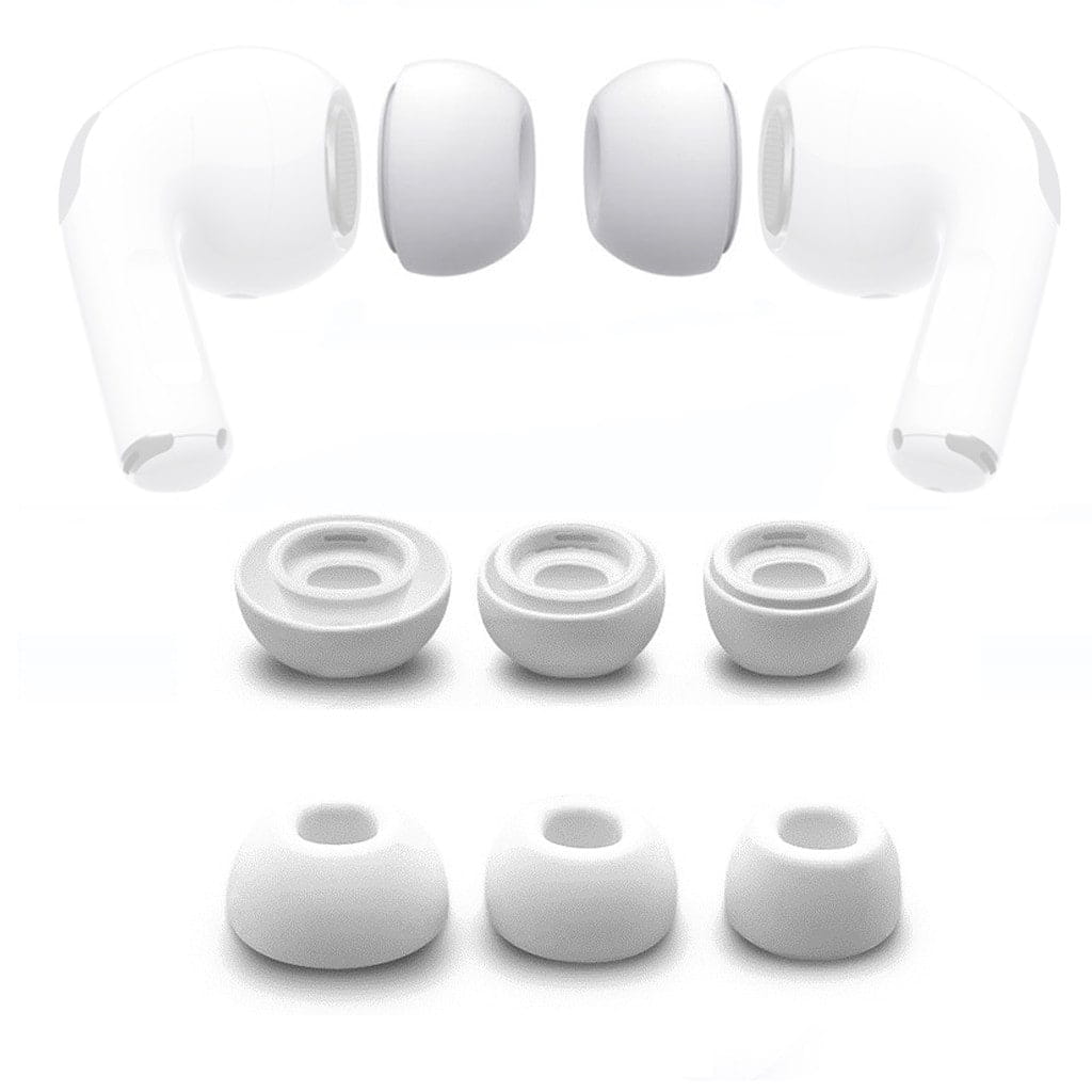 Gumki douszne S/M/L do AirPods Pro obok etui ładującego i zestawu czyszczącego - akcesoria do dopasowania, ochrony i higieny słuchawek dokanałowych